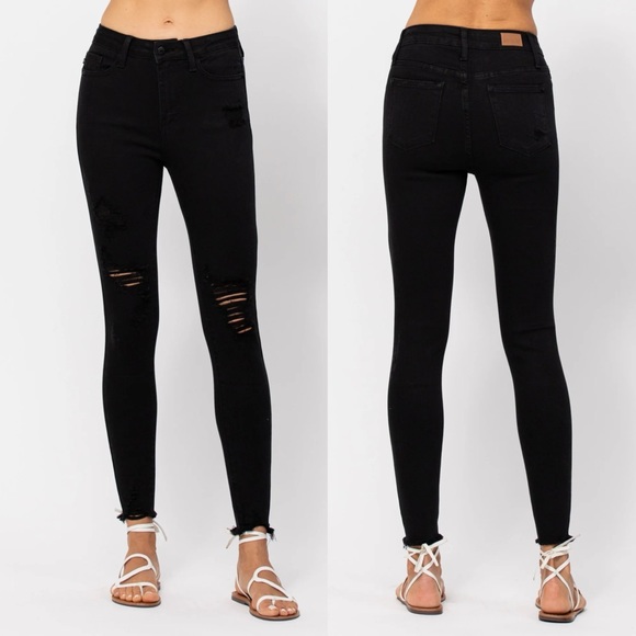 Judy Blue Denim - ✅SOLD-Judy Blue | High Rise Skinny Fit Jeans Raw Hem Destroyed Denim Black EUC